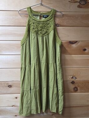 BTFBM Boho Crochet Yoke Tank Dress - Olive Green